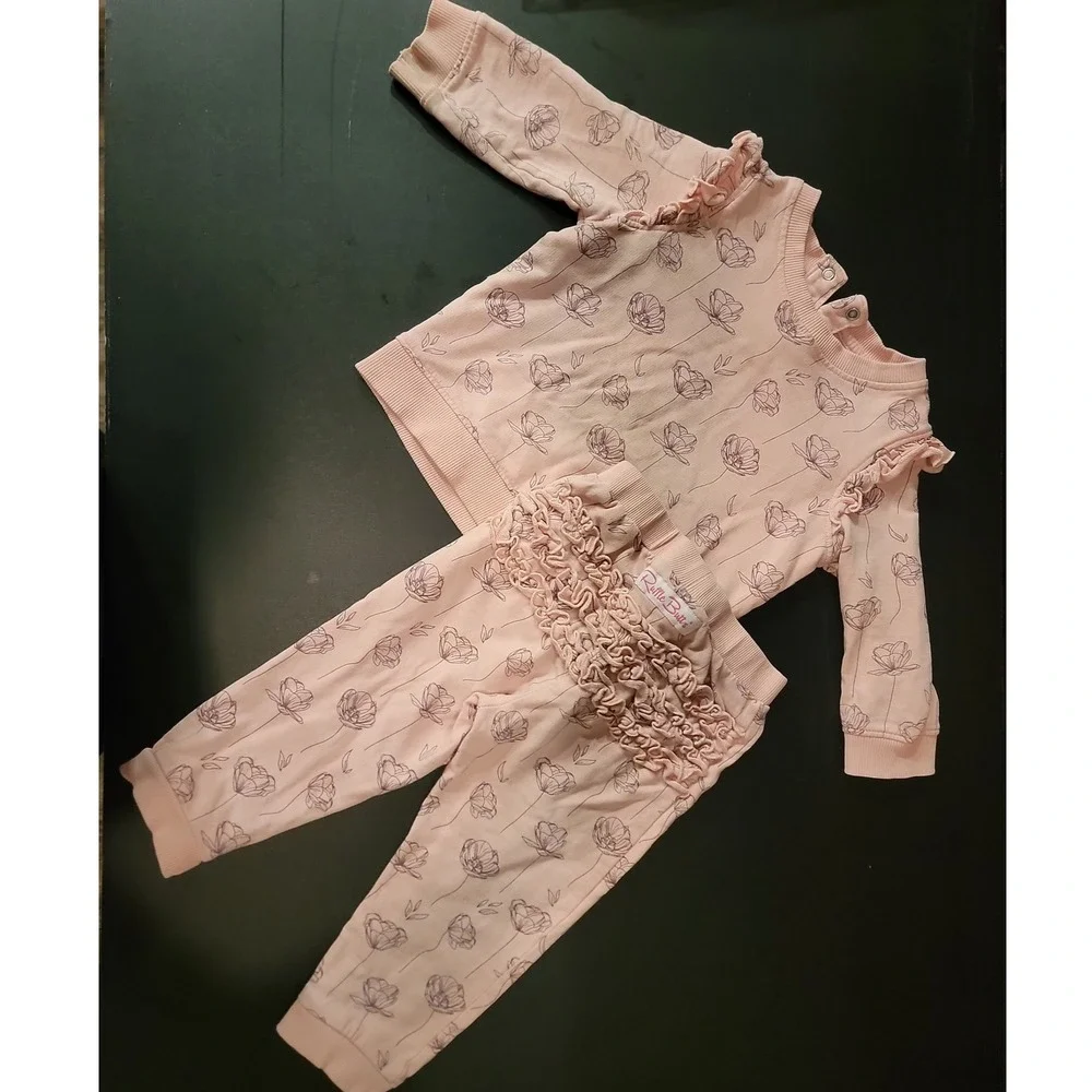 RuffleButts Pink Floral Ruffle Sweatshirt and Jogger Set 18-24M